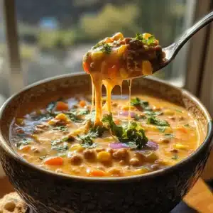 One-Pot Cheesy Veggie Burger Soup