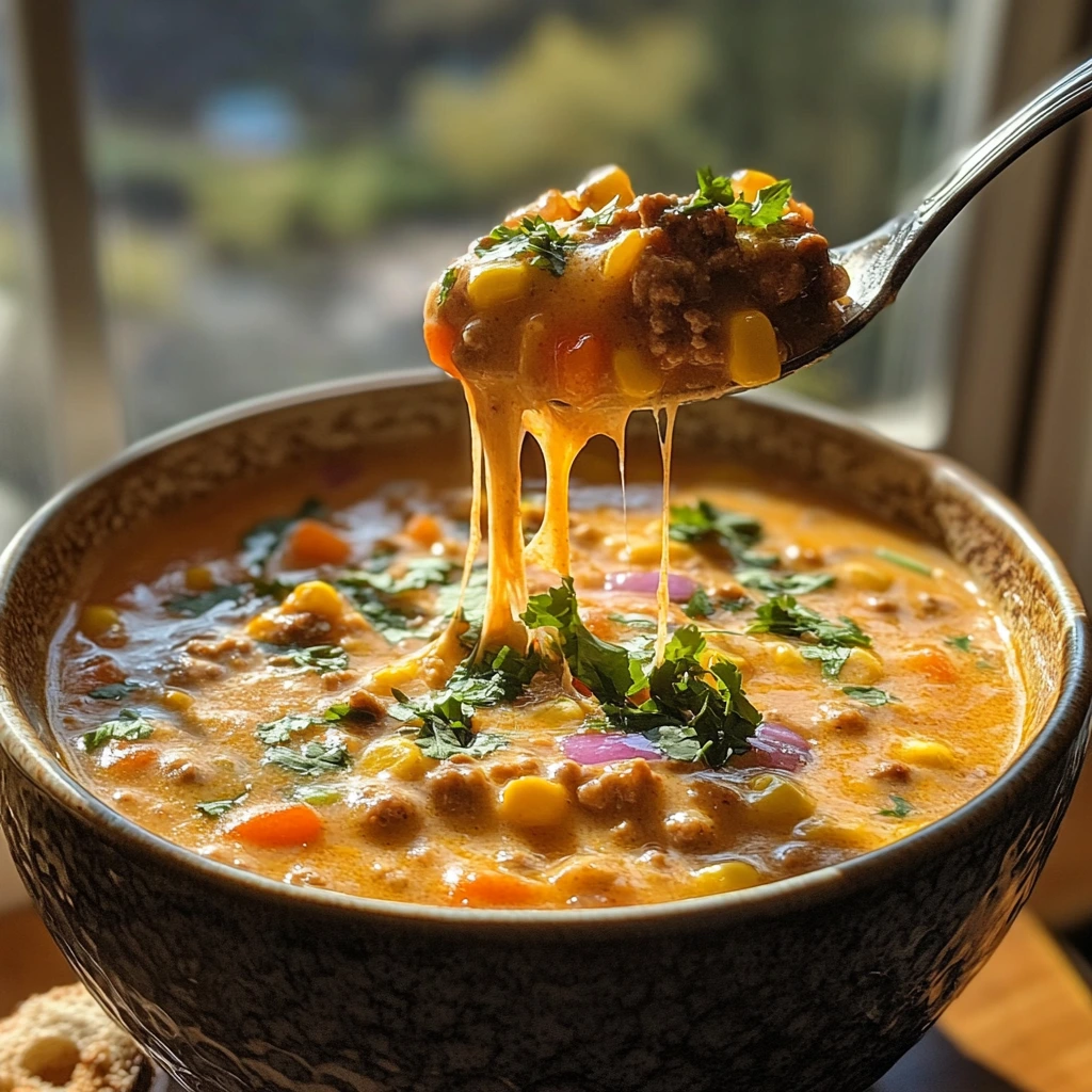 One-Pot Cheesy Veggie Burger Soup