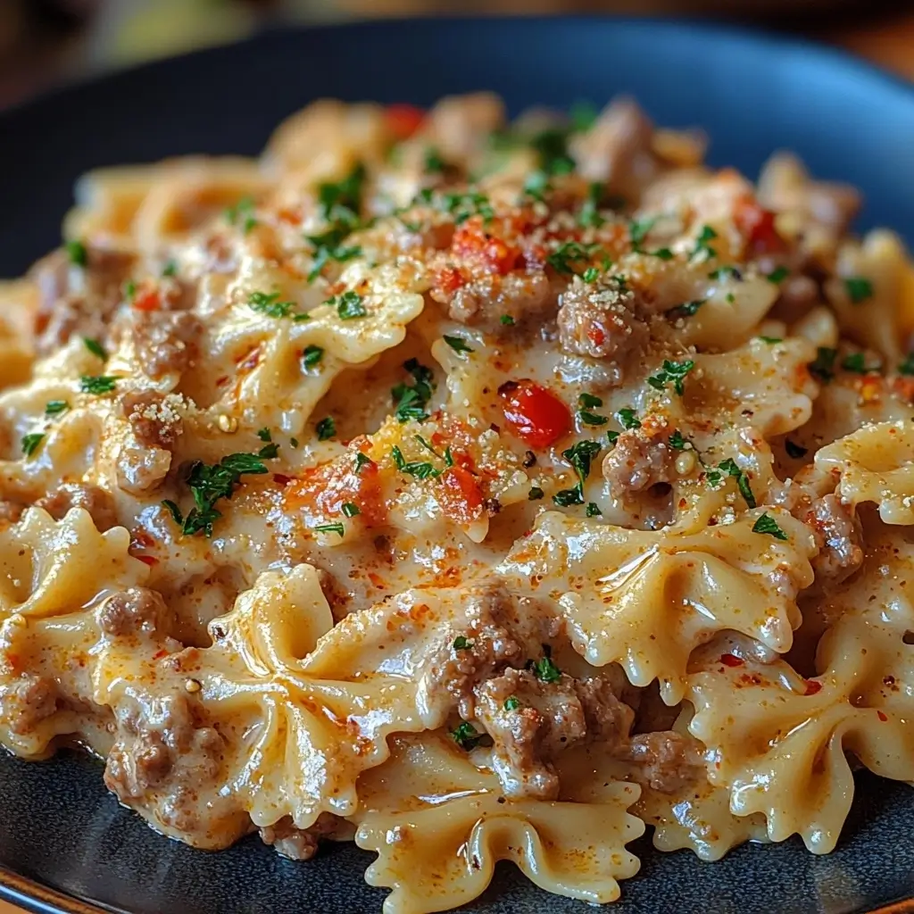 Garlic Parmesan Bowtie Pasta with Creamy Beef
