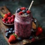 Banana Berry Protein Smoothie in tall glass with fresh toppings