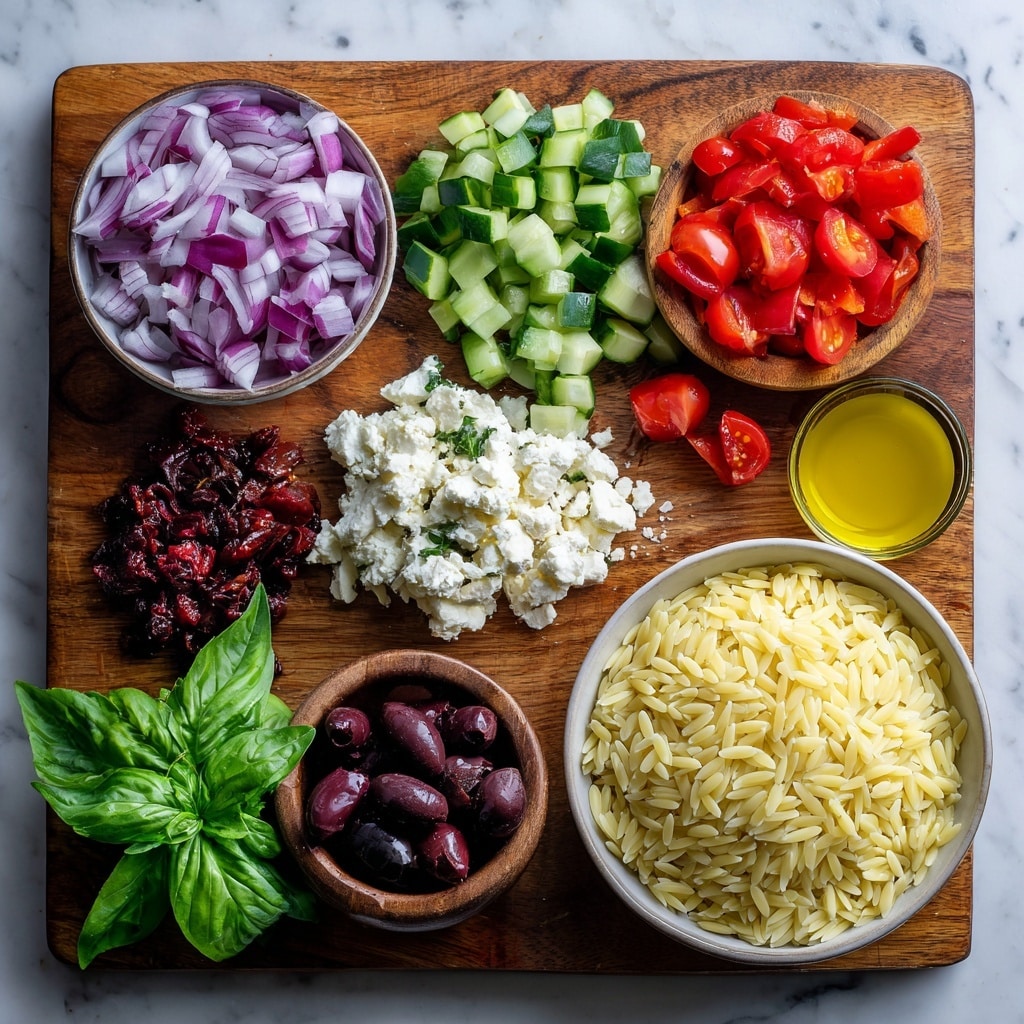 Greek Orzo Salad ingredients including orzo, tomatoes, cucumbers, olives, feta, and fresh basil on a cutting board