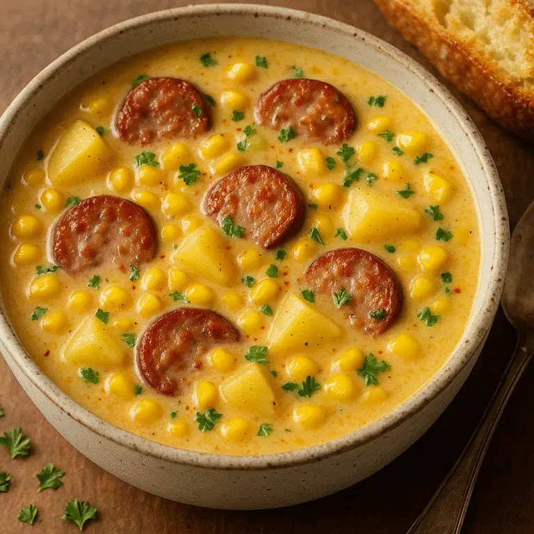 Final serving of sausage corn chowder in ceramic bowl