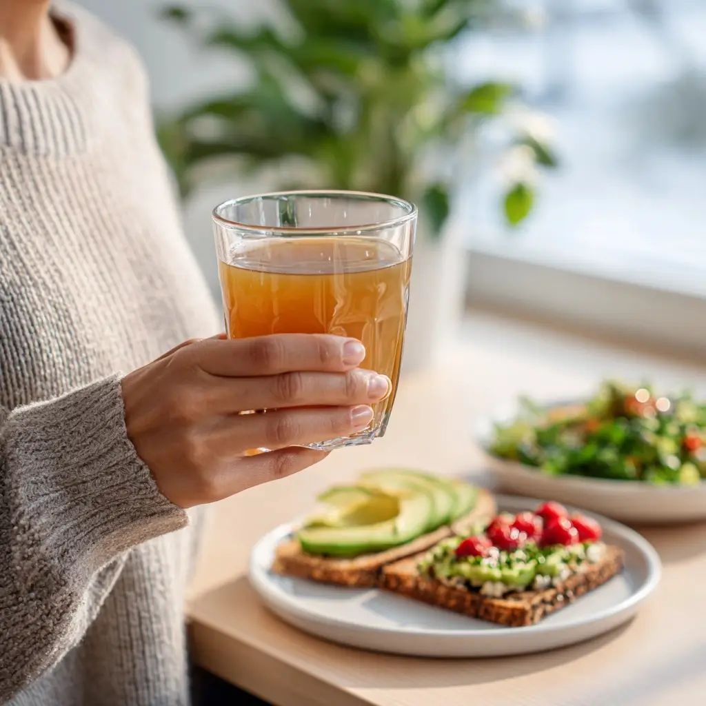 woman-holding-detox-mounjaro-drink-healthy-breakfast A woman holding a glass of detox Mounjaro drink with a healthy breakfast, including fruits, avocado toast, and a plant-based meal in a bright kitchen