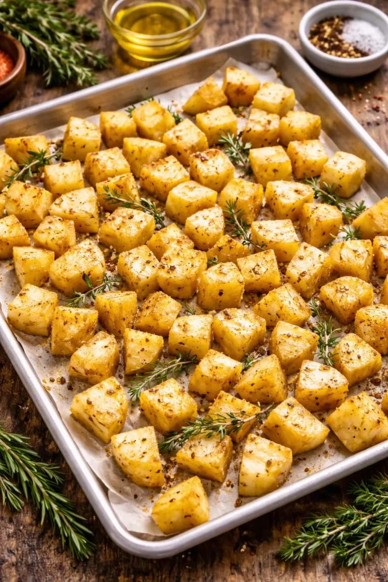 potatoes spread in a single layer on baking sheet