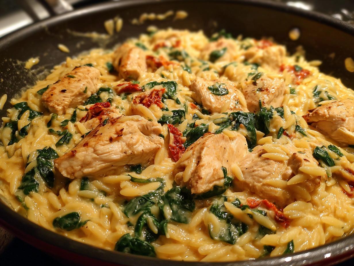 One-Pan Creamy Tuscan Chicken Orzo Perfection