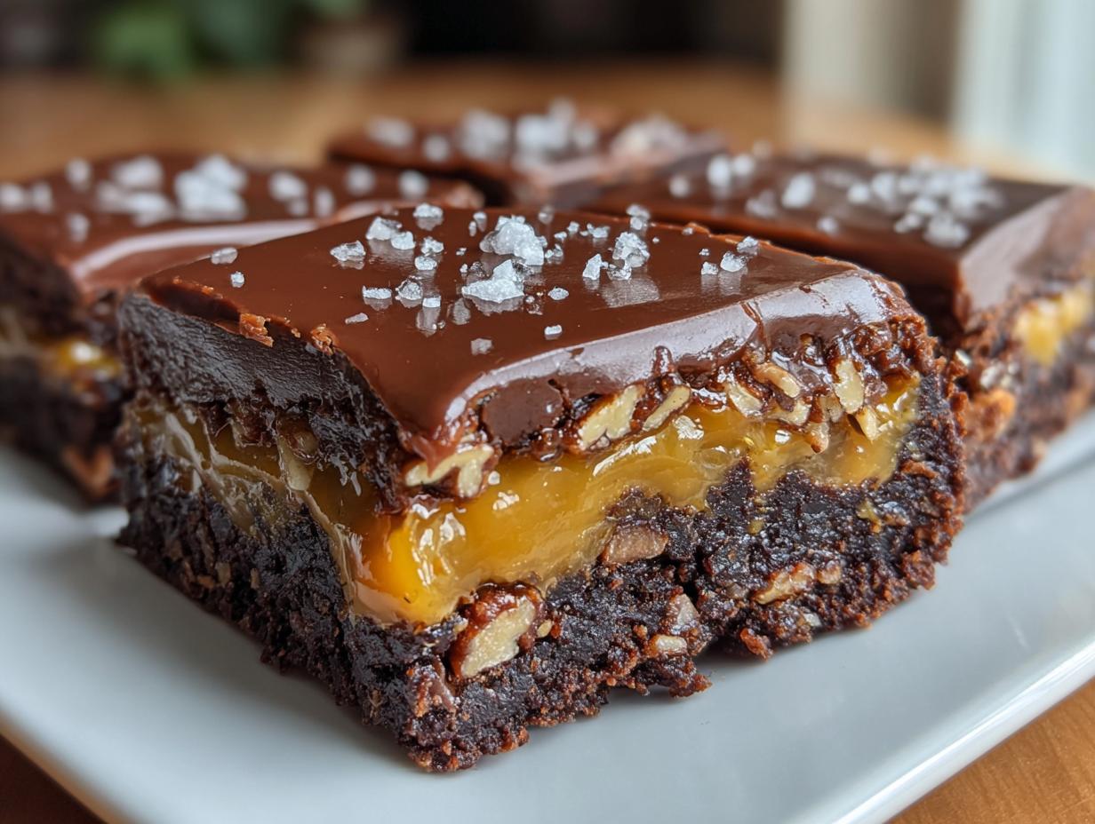 Killer 3-Layer Salted Caramel Turtle Brownies