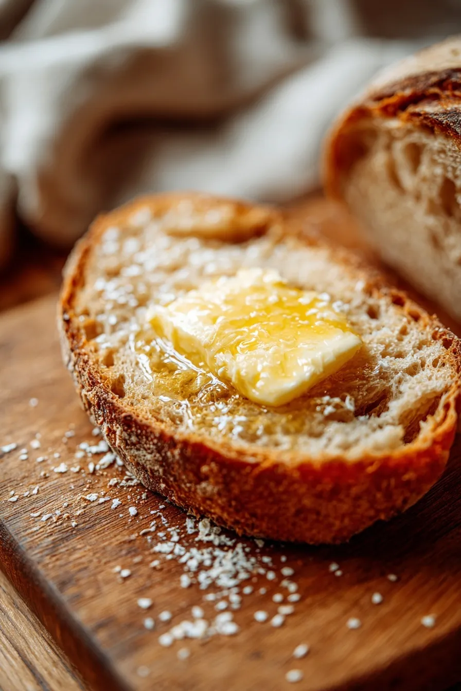 Slice of rustic peasant bread with butter melting on top