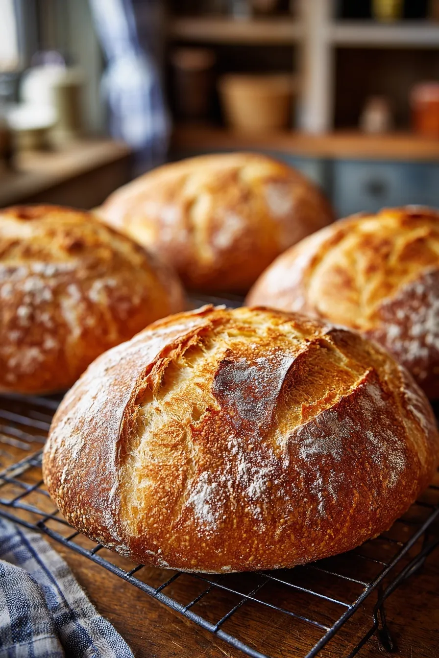 Freshly baked peasant bread cooling on wire rack with rustic crust