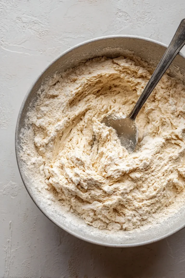 Sticky no-knead bread dough mixed in bowl with spoon