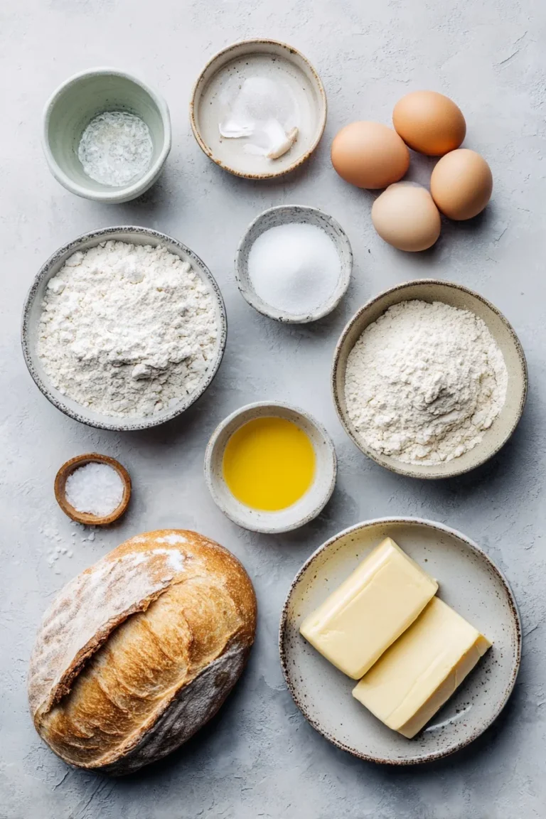 Simple ingredients for no-knead peasant bread laid out on counter
