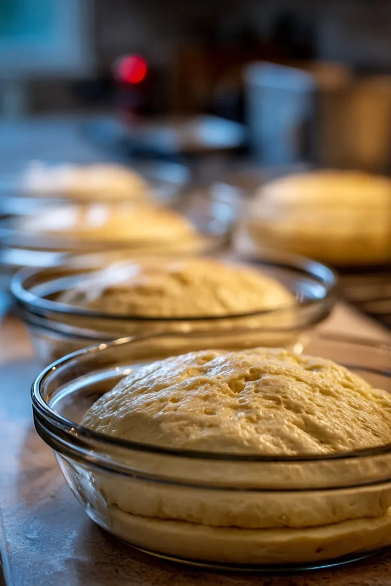 Peasant bread dough rising in buttered oven-safe bowls before baking