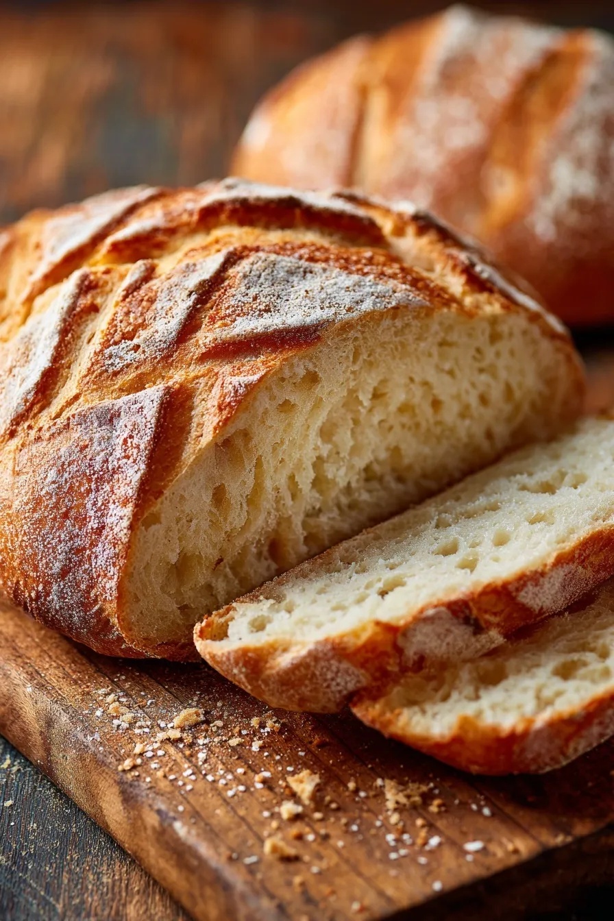 Sliced peasant bread showing soft fluffy interior and crisp rustic crust