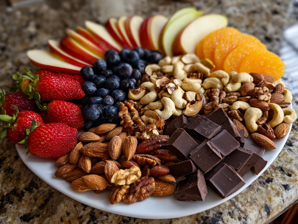 Quick Fruit and Nut Snack Plate with Chocolate