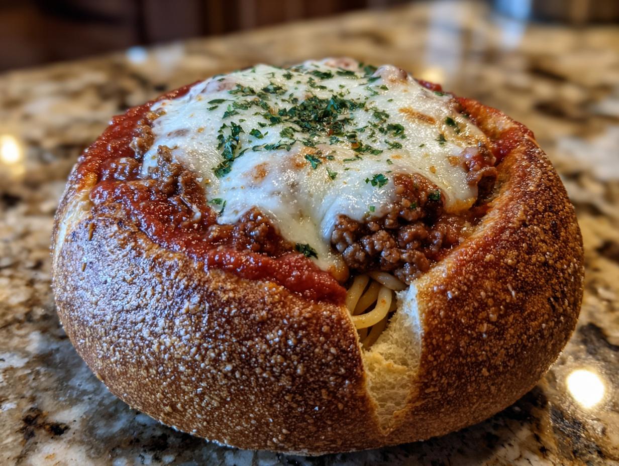 Bread Bowl Spaghetti with Mozzarella and Garlic Butter