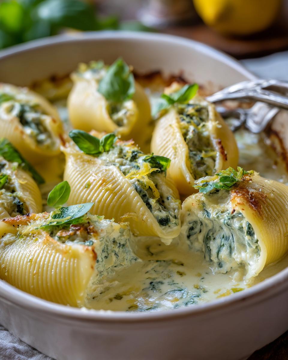 Lemon Basil Ricotta Stuffed Shells with Creamy Spring Sauce - detail 1