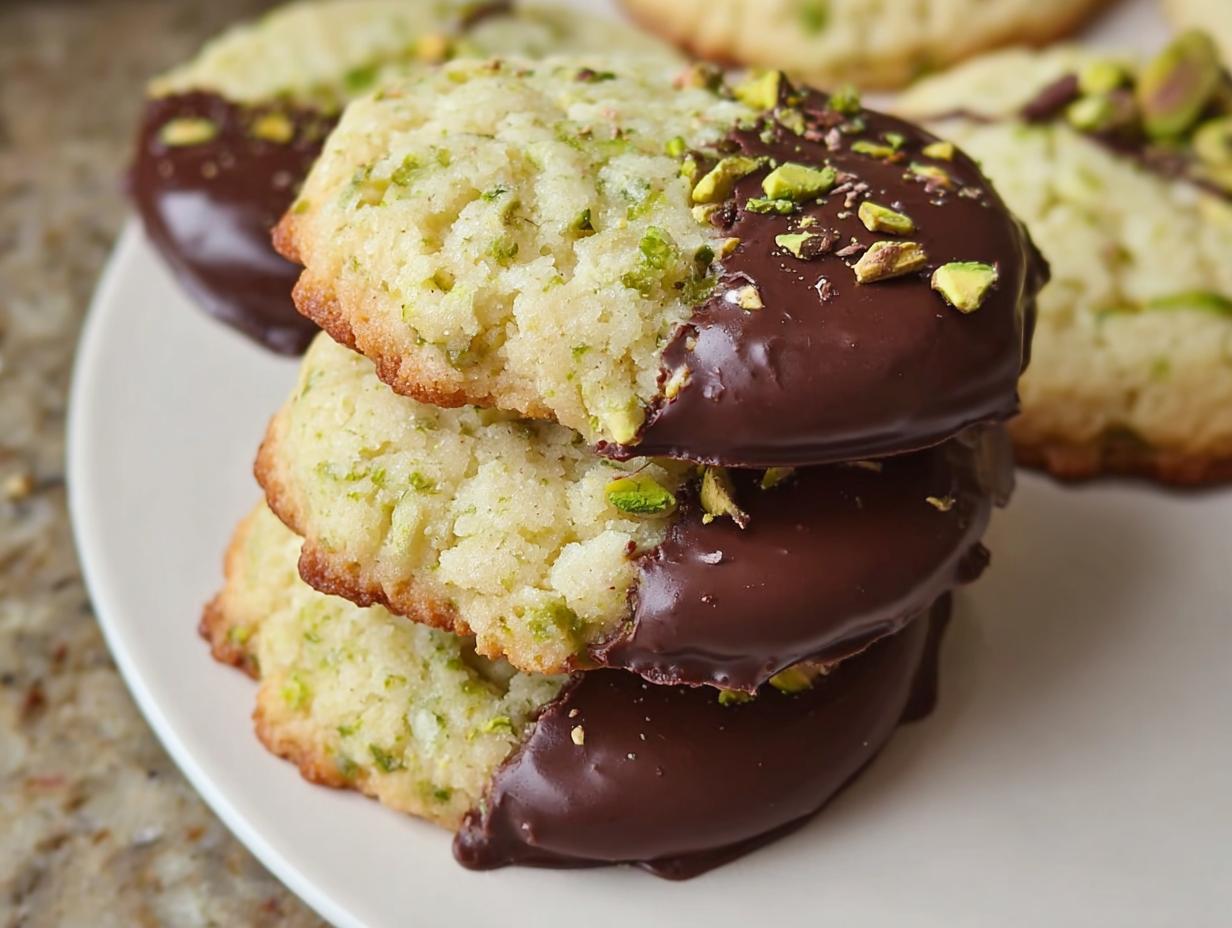5 Minute Pistachio Shortbread Cookies Dipped in Chocolate