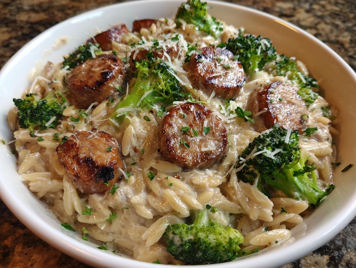 Amazing chicken sausage broccoli orzo in 1 pot