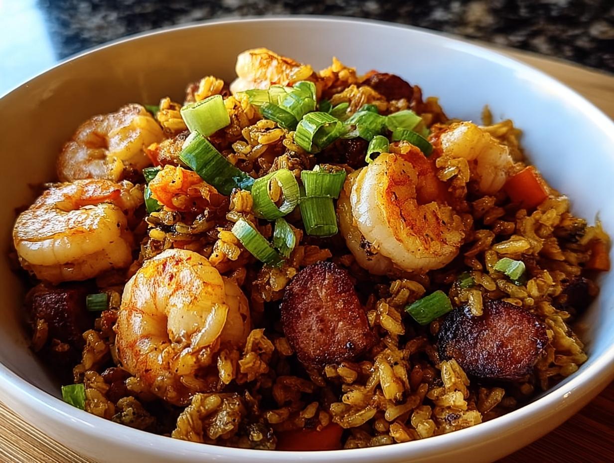 Amazing 30-min shrimp sausage dirty rice
