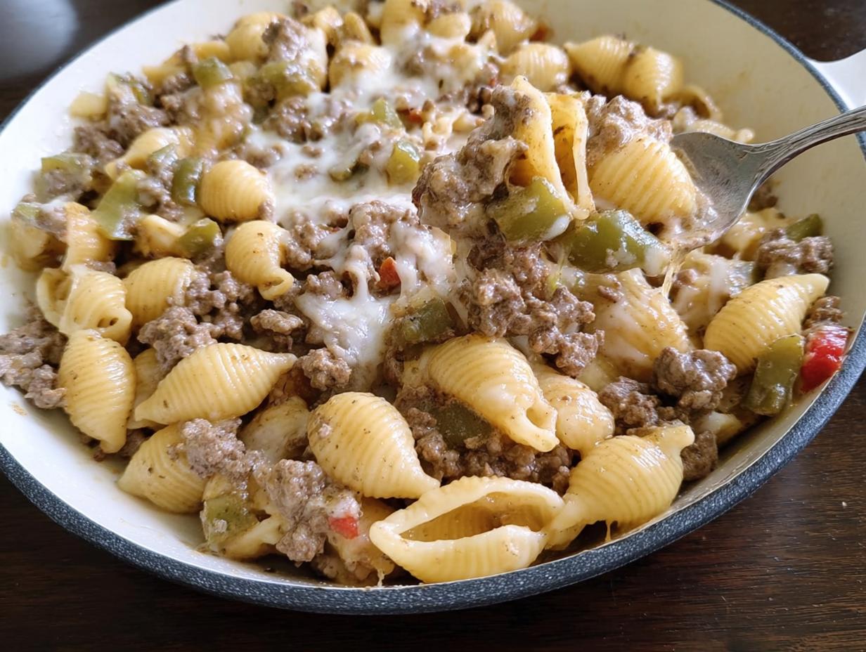 Amazing 1-Skillet High Protein Philly Cheesesteak Pasta