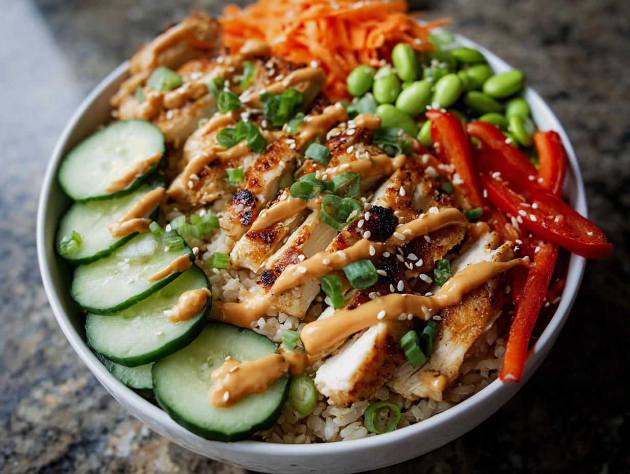 Amazing 20 min High Protein Thai Peanut Chicken Buddha Bowl
