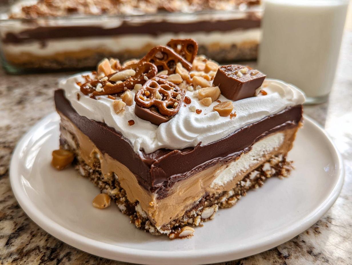 Amazing Peanut Butter Pretzel Dessert with Chocolate Layers
