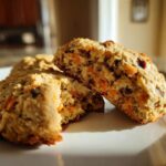 A close-up of a Carrot Cake Protein Breakfast Cookie broken in half, showing carrots, raisins, and nuts inside.