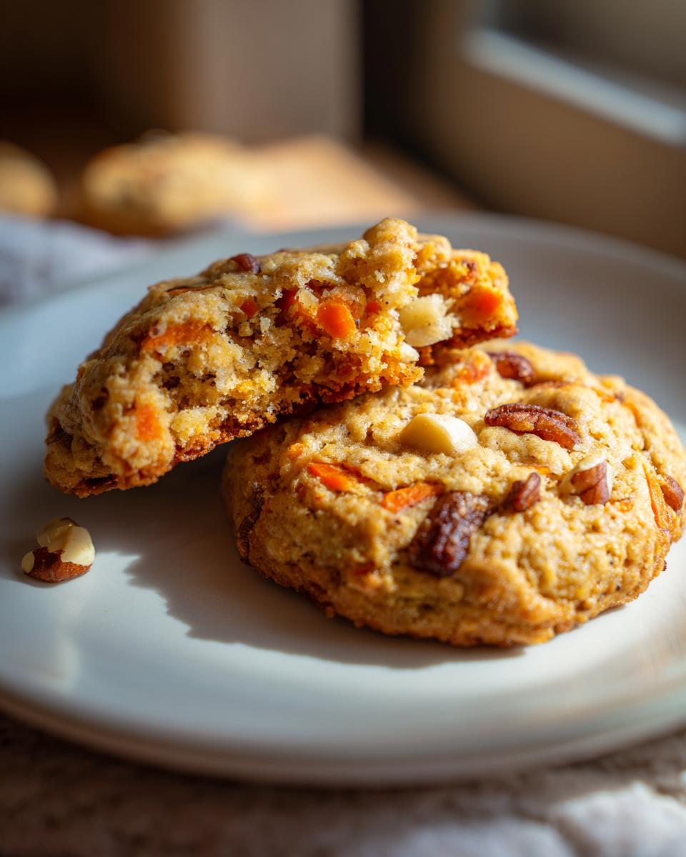 Carrot Cake Protein Breakfast Cookies: 8 Amazing Bites 4 Close-up of two Carrot Cake Protein Breakfast Cookies on a plate, one broken open to show the soft interior with carrots and white chocolate chips.
