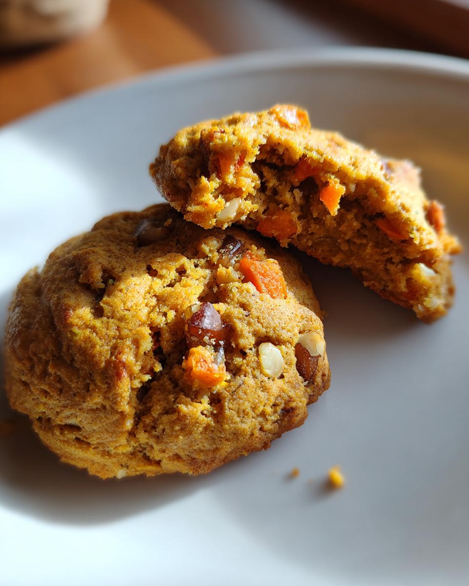 Carrot Cake Protein Breakfast Cookies: 8 Amazing Bites 5 Two Carrot Cake Protein Breakfast Cookies on a white plate, one broken open to show the soft interior with carrots and nuts.