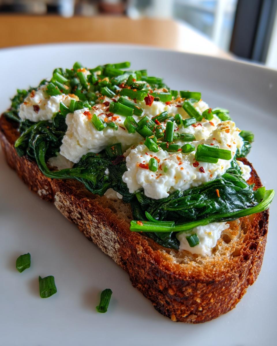 Close-up of Cottage Cheese and Spinach Breakfast Toast topped with fresh chives and red pepper flakes on a white plate.