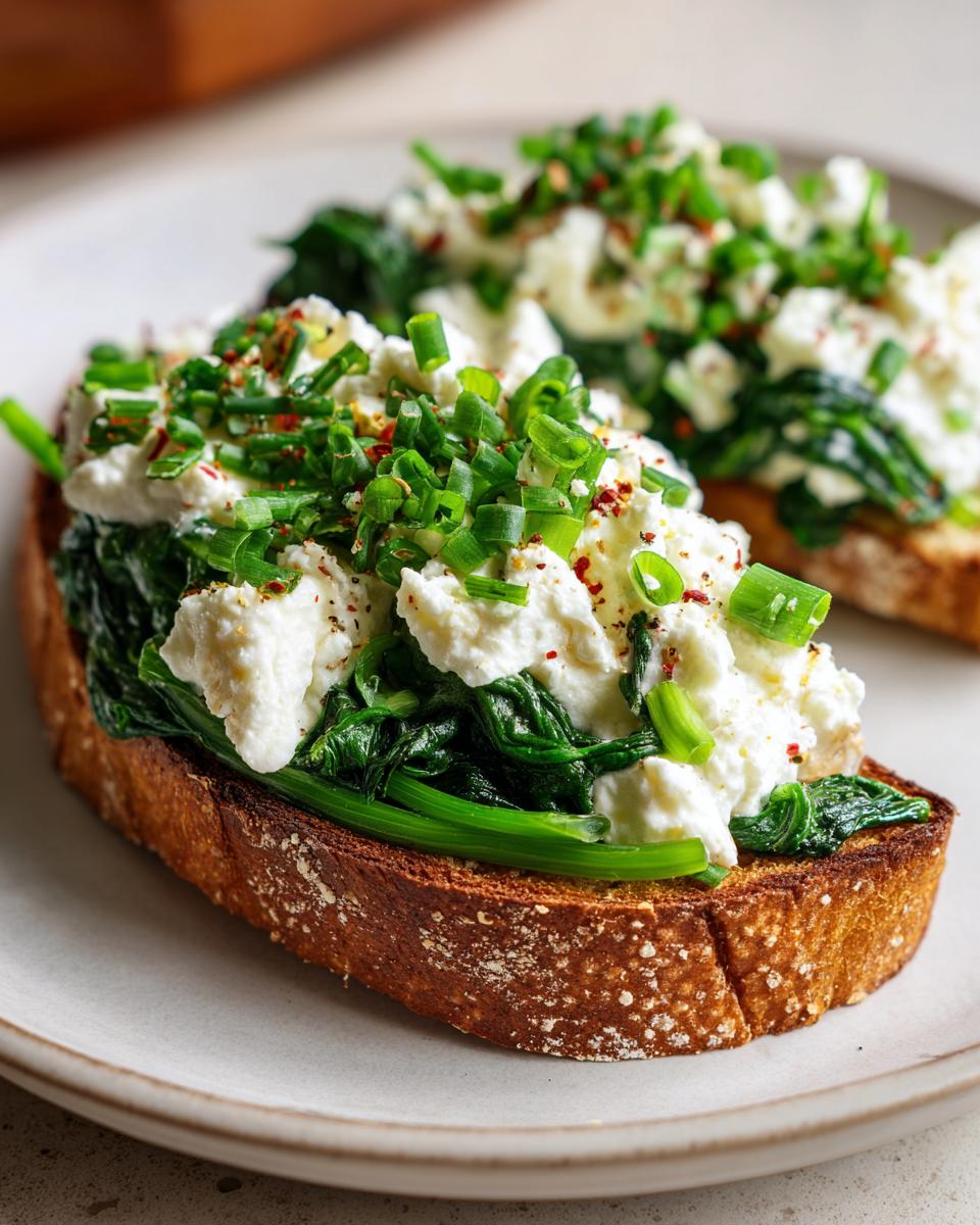 Close-up of a delicious Cottage Cheese and Spinach Breakfast Toast topped with chives and red pepper flakes.