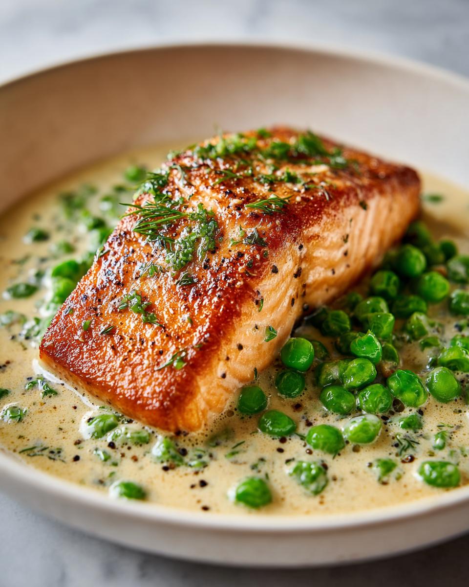 Close-up of a perfectly cooked salmon fillet in a creamy dill sauce with green peas, garnished with fresh herbs. This is a Creamy Dill Salmon and Peas Skillet.