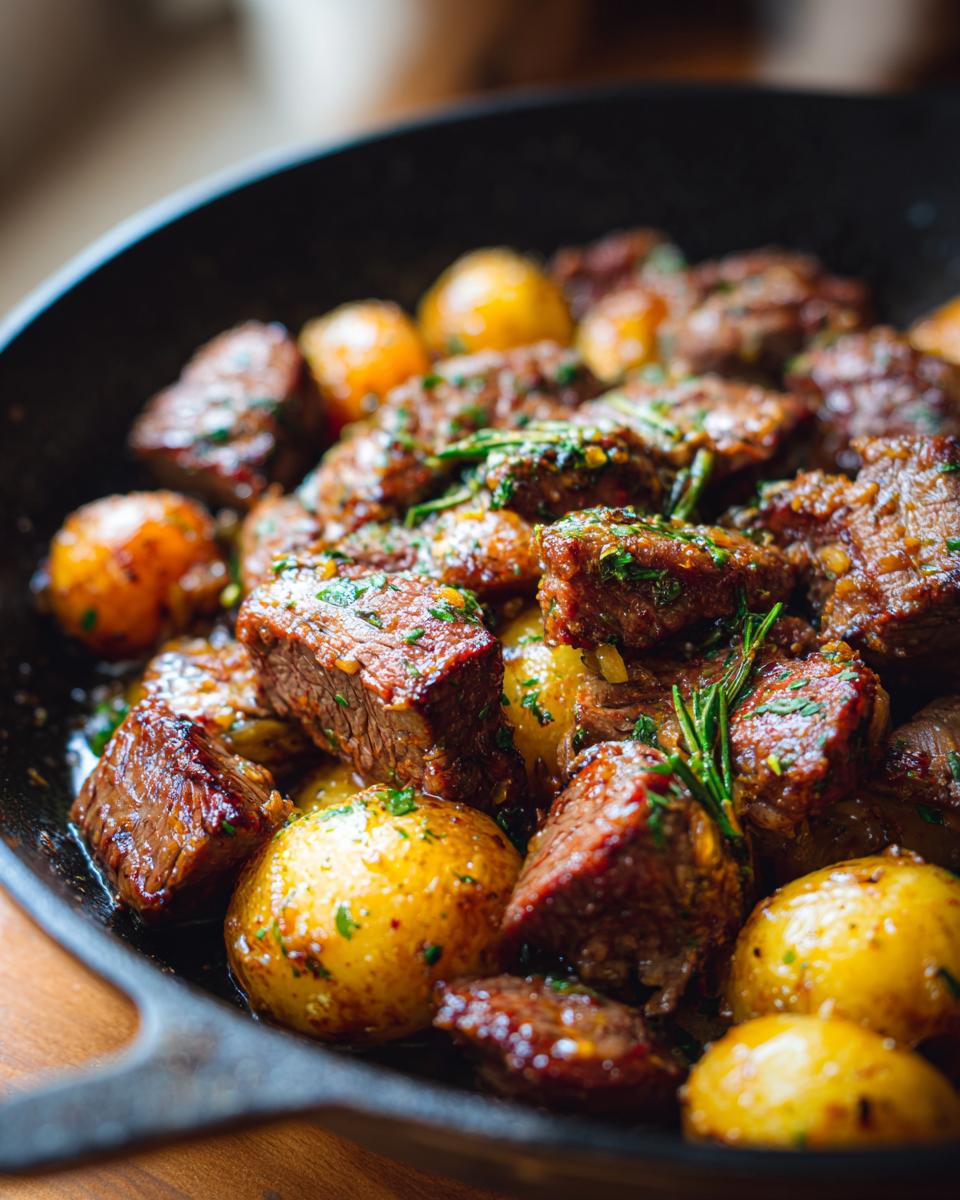 Close-up of a cast iron skillet filled with savory Garlic Rosemary Beef and Potatoes Skillet, garnished with fresh herbs.