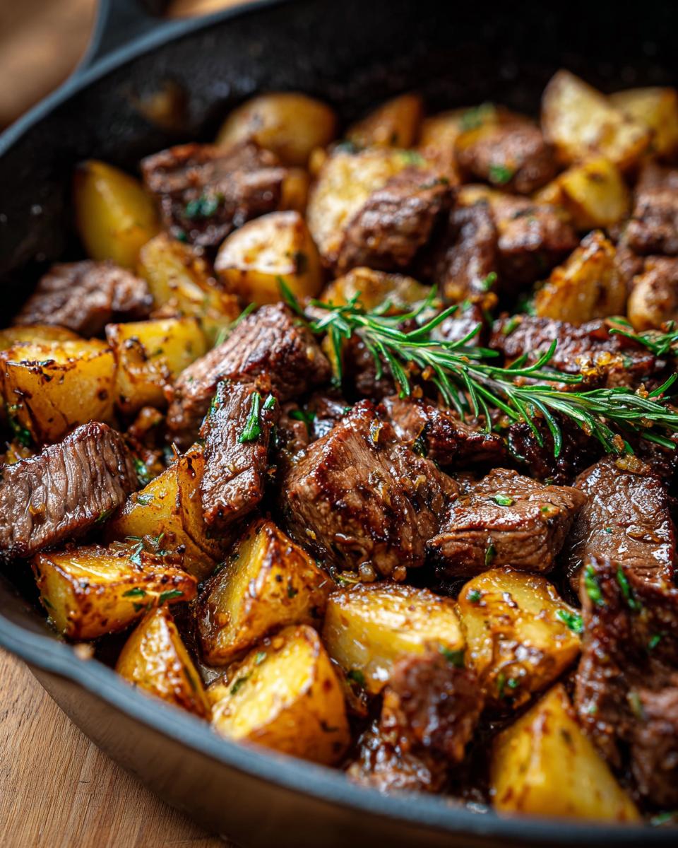 Close-up of Garlic Rosemary Beef and Potatoes Skillet with browned beef chunks, roasted potatoes, and fresh rosemary sprigs.