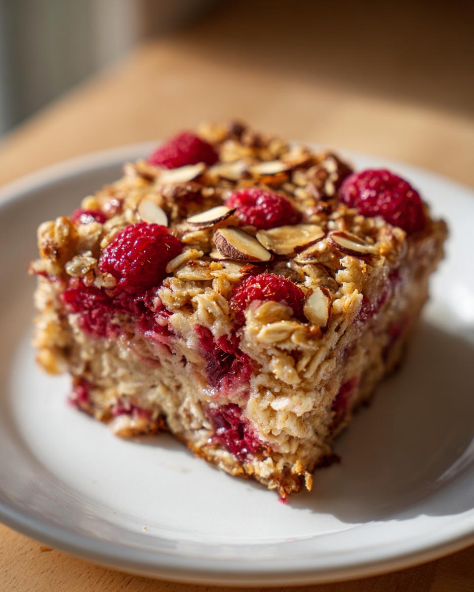 Healthy Raspberry Almond Baked Oatmeal: 5-Day Magic 4 A close-up of a square slice of Healthy Raspberry Almond Baked Oatmeal on a white plate, topped with fresh raspberries and sliced almonds.