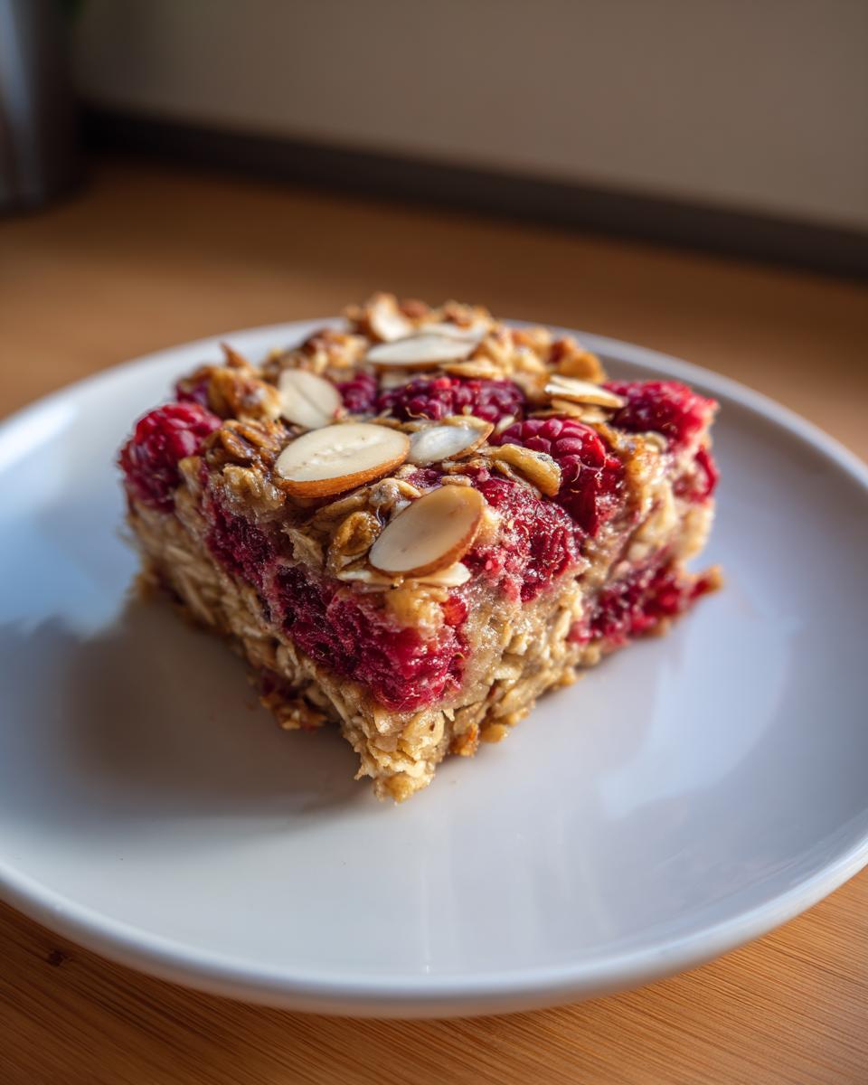 Healthy Raspberry Almond Baked Oatmeal: 5-Day Magic 5 A close-up of a single serving slice of Healthy Raspberry Almond Baked Oatmeal on a white plate.