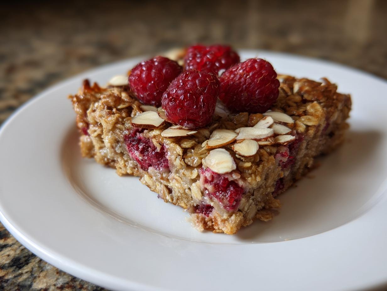 A close-up of a square slice of Healthy Raspberry Almond Baked Oatmeal on a white plate, topped with fresh raspberries and sliced almonds.