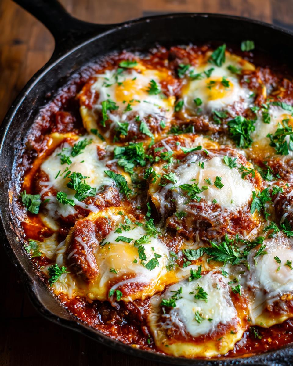 Close-up of a High Protein Beef Ravioli Skillet with eggs, melted cheese, and fresh parsley in a cast iron pan.