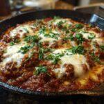 Close-up of a bubbling High Protein Beef Ravioli Skillet with melted mozzarella cheese and fresh parsley.