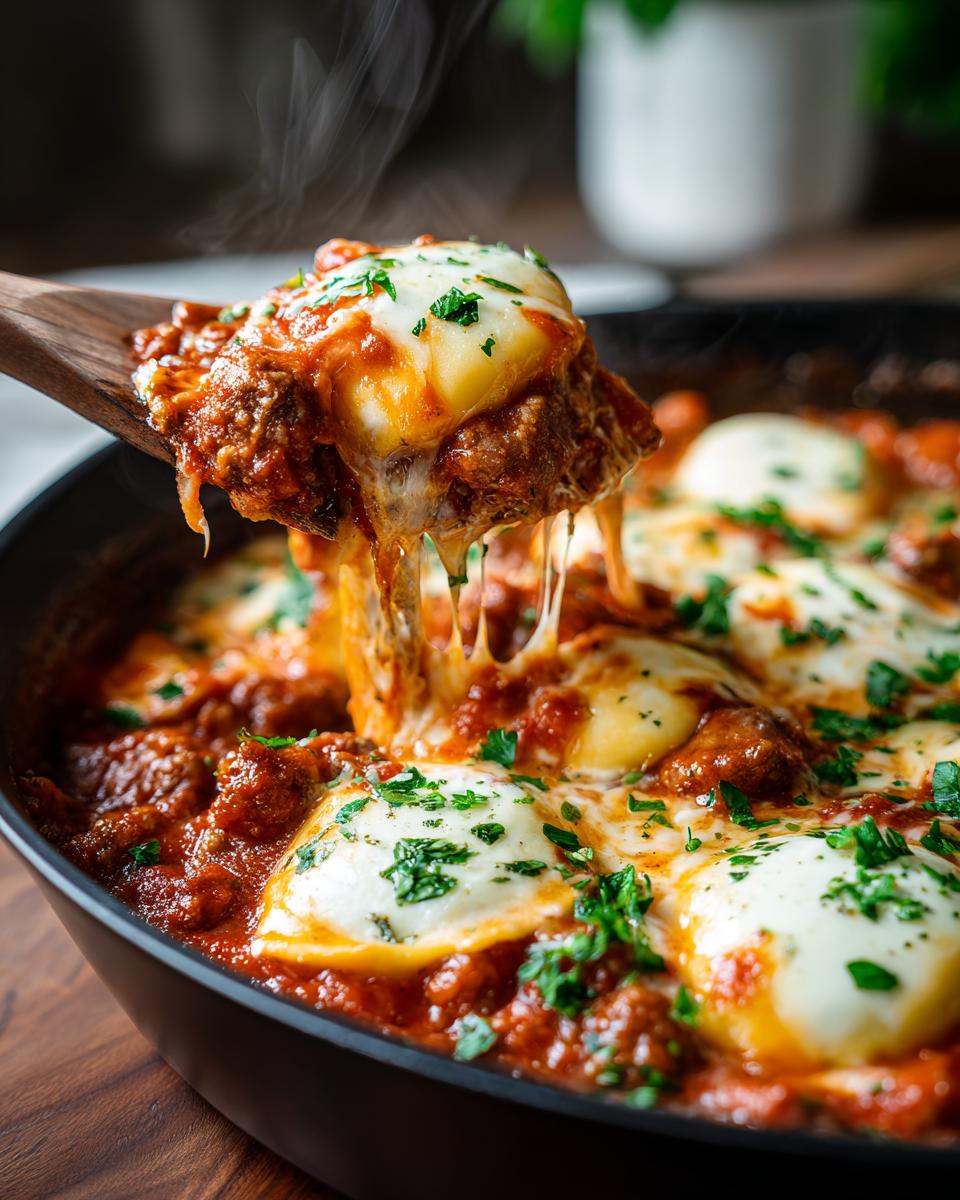 A wooden spoon lifting a serving of High Protein Beef Ravioli Skillet with melted mozzarella cheese and parsley, steaming hot.