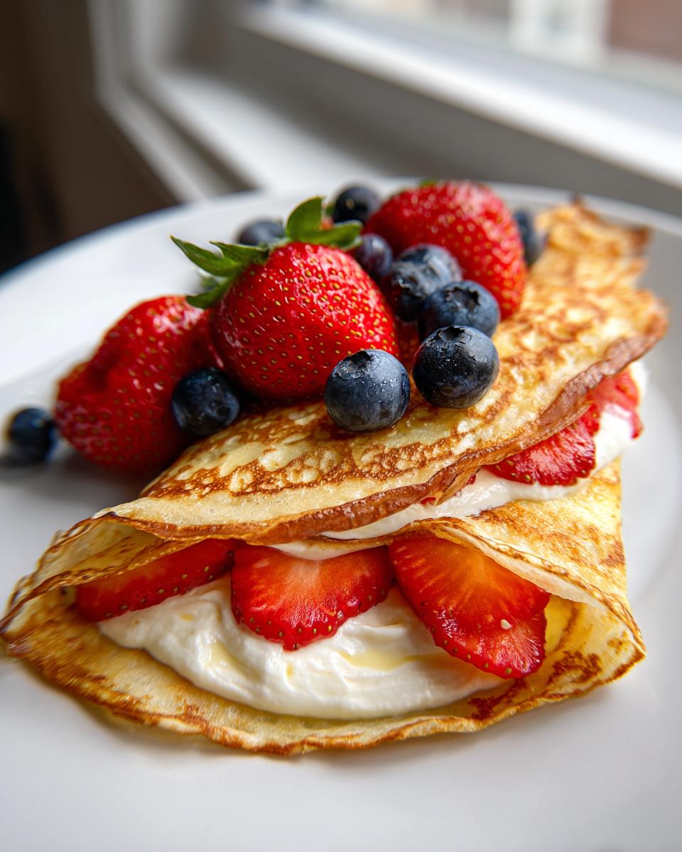 A close-up of a folded High Protein Lemon Ricotta Crepe filled with cream and sliced strawberries, topped with fresh strawberries and blueberries.