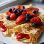 Close-up of golden High Protein Lemon Ricotta Crepes filled with white ricotta and fresh strawberries, topped with blueberries.