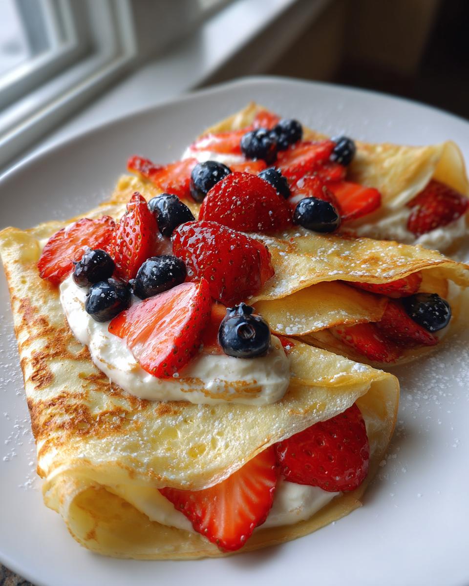 Two High Protein Lemon Ricotta Crepes folded on a white plate, topped with fresh strawberries, blueberries, and powdered sugar.