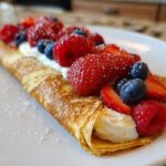 A golden Lemon Ricotta Protein Crepe folded and topped with fresh strawberries, blueberries, and raspberries, dusted with powdered sugar.