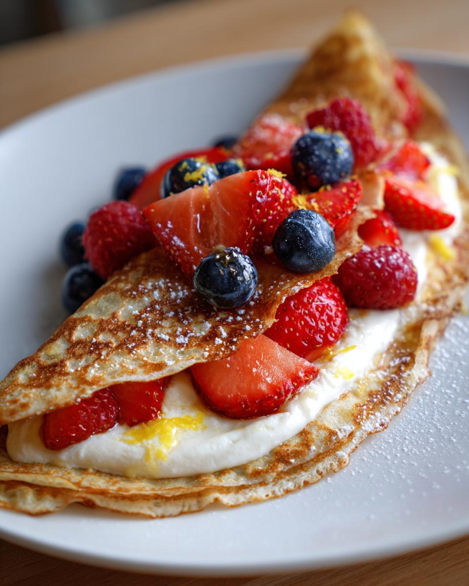 Amazing Lemon Ricotta Protein Crepes in 30 Min! 7 A beautifully plated Lemon Ricotta Protein Crepe, folded and topped with fresh strawberries, blueberries, raspberries, lemon zest, and powdered sugar.