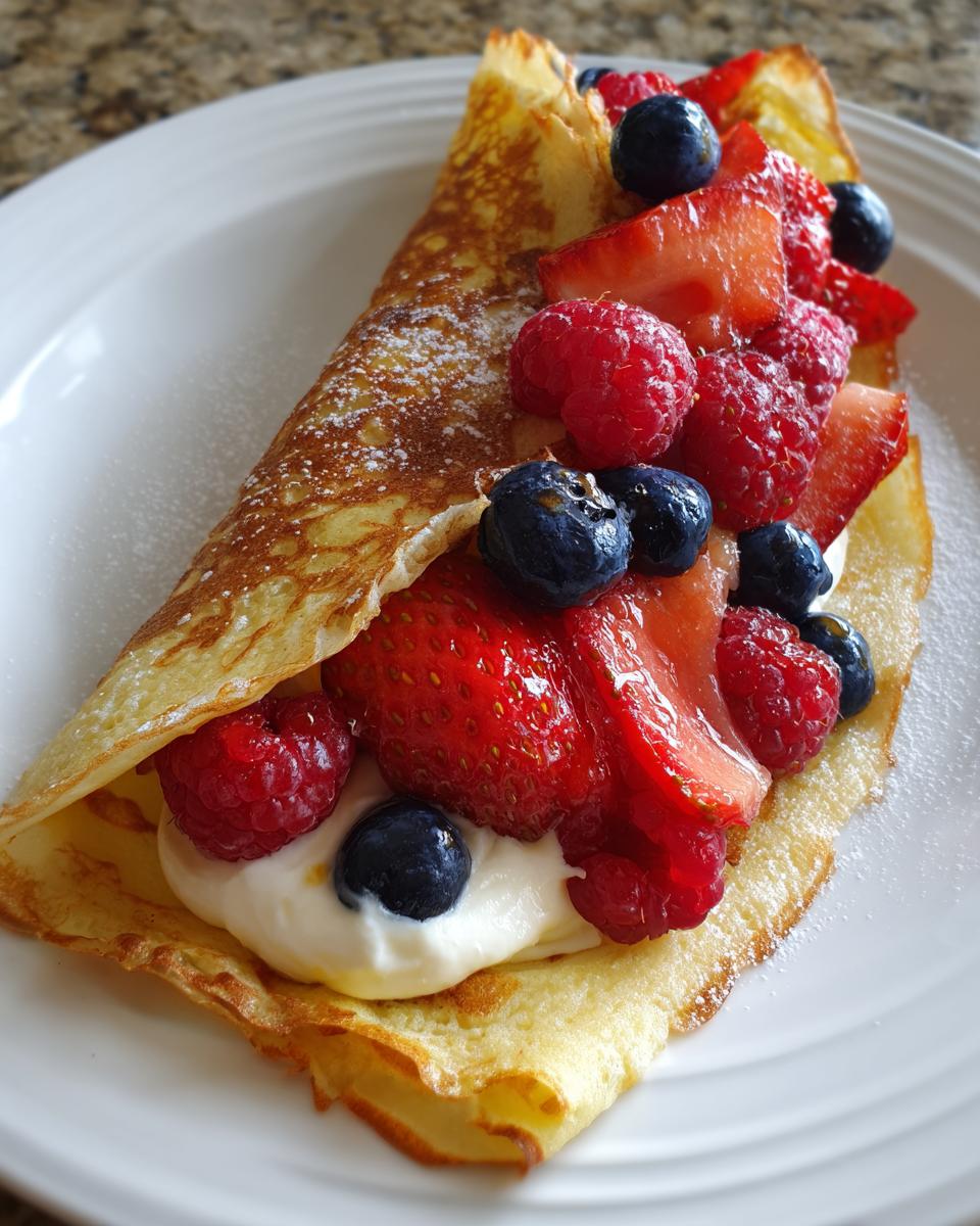Amazing Lemon Ricotta Protein Crepes in 30 Min! 8 A close-up of a folded Lemon Ricotta Protein Crepe filled with fresh strawberries, blueberries, raspberries, and a dollop of ricotta cream, dusted with powdered sugar.