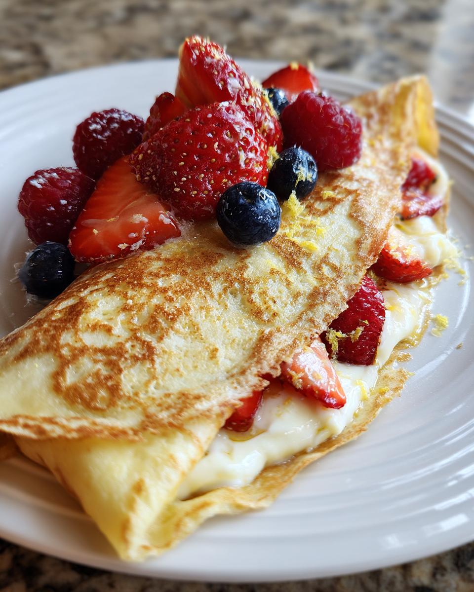 Amazing Lemon Ricotta Protein Crepes in 30 Min! 9 A close-up of a folded Lemon Ricotta Protein Crepe filled with creamy ricotta and topped with fresh strawberries, raspberries, and blueberries.