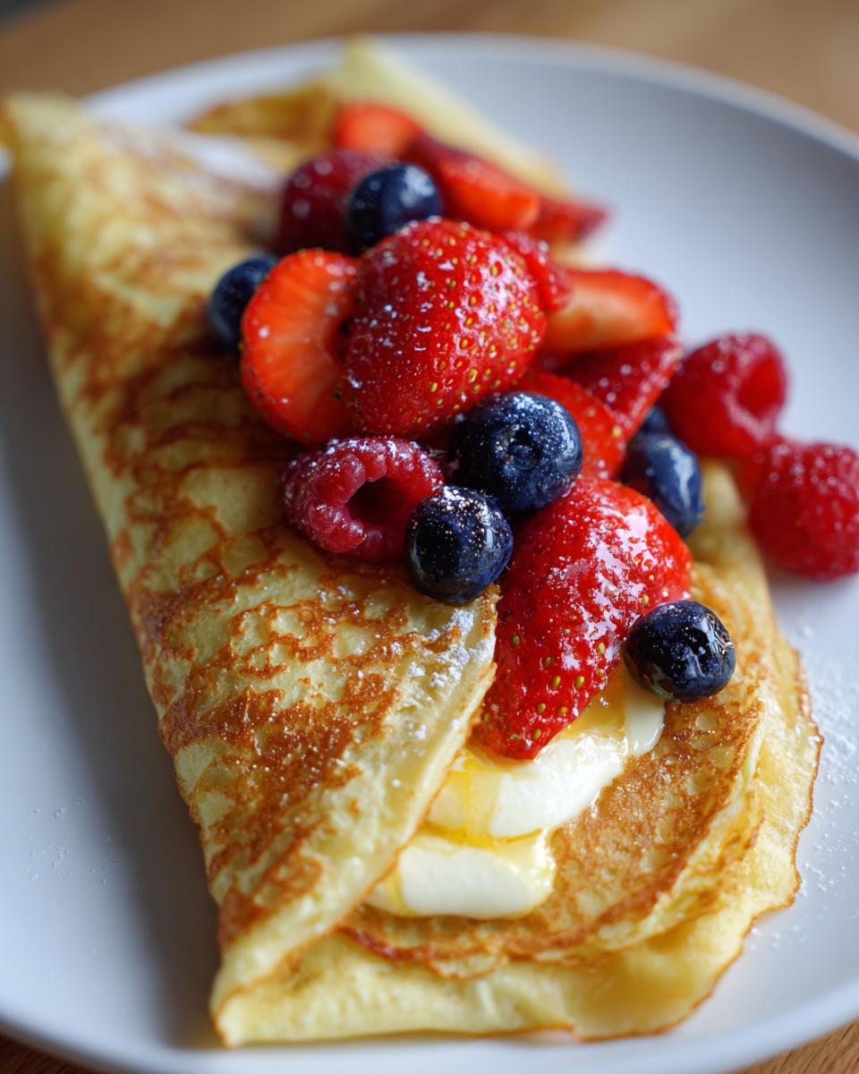 Amazing Lemon Ricotta Protein Crepes in 30 Min! 6 A folded Lemon Ricotta Protein Crepe topped with fresh strawberries, blueberries, raspberries, and a dusting of powdered sugar.