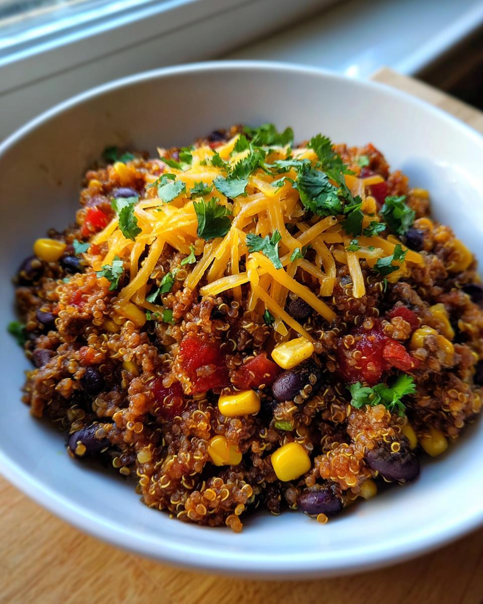 A close-up of a bowl of One Pot Mexican Beef Quinoa, garnished with shredded cheddar cheese and fresh cilantro.