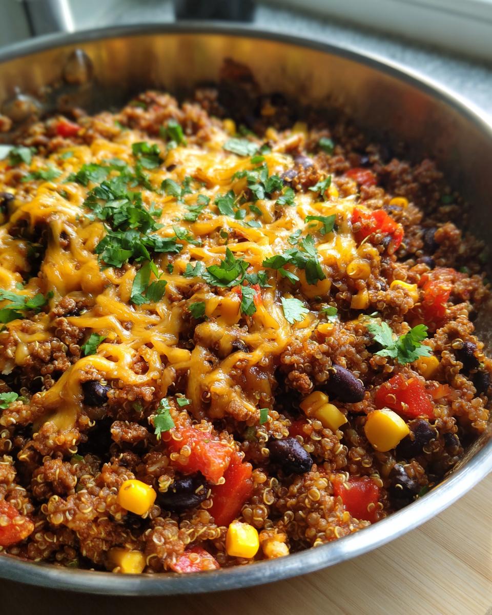 A close-up of a skillet filled with One Pot Mexican Beef Quinoa, topped with melted cheese and fresh cilantro.