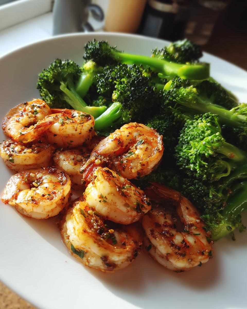 A close-up of a white plate filled with perfectly cooked Sheet Pan Shrimp and Broccoli, seasoned with herbs and spices.